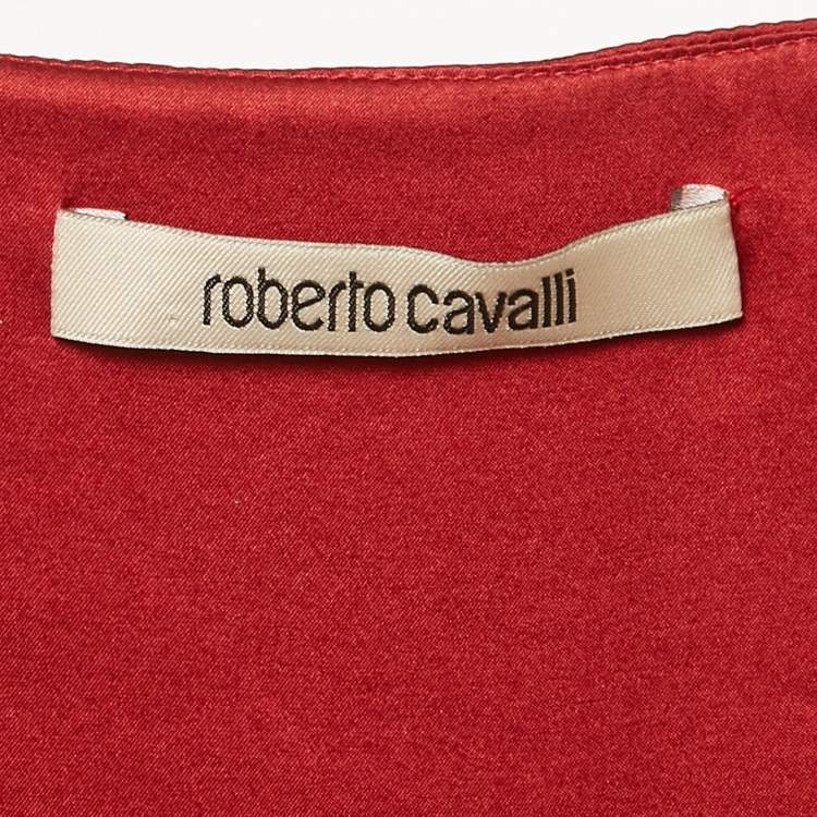 Pre Owned Roberto Cavalli Red Satin Silk Ruched Mini Dress S