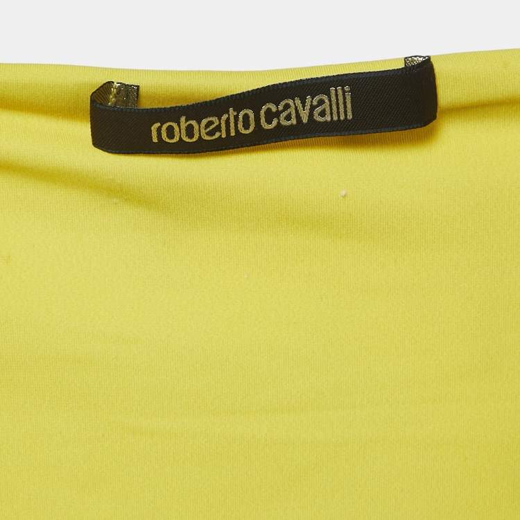 Pre Owned Roberto Cavalli Yellow Multicolor Printed Jersey Long Dress S