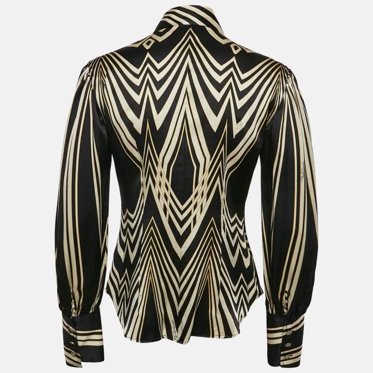 Pre Owned Roberto Cavalli Black Printed Satin Silk Long Sleeve Shirt M