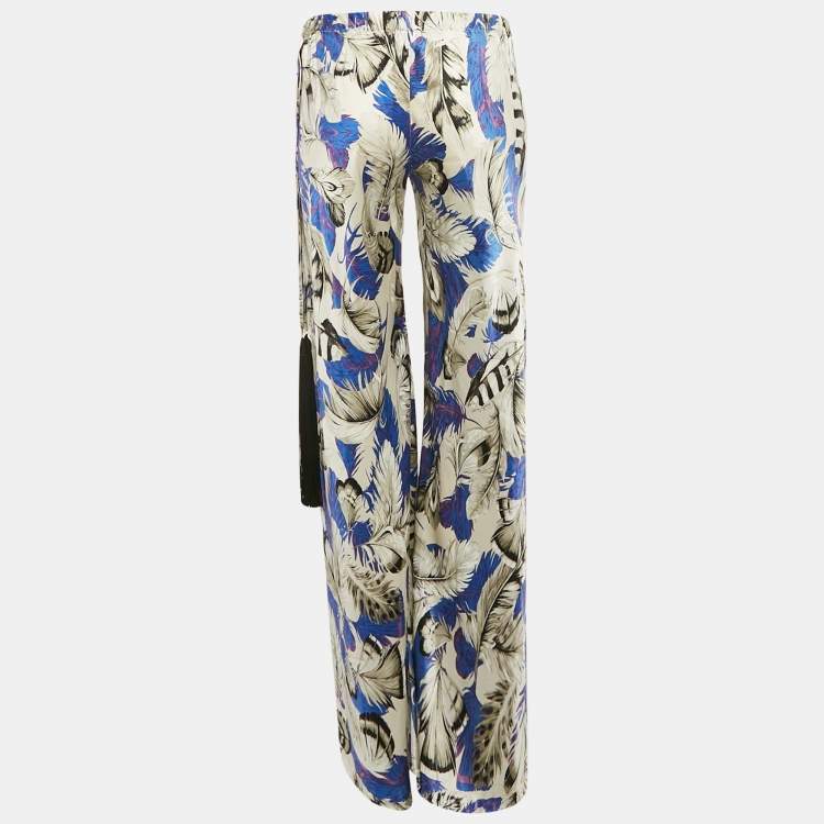 Pre Owned Roberto Cavalli Multicolor Feather Print Silk Satin Wide Leg Trousers S