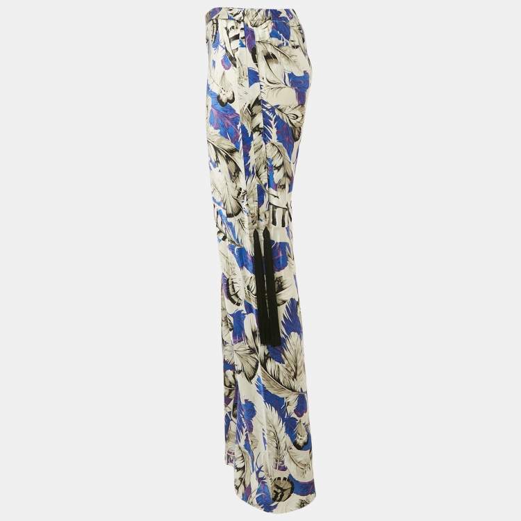 Pre Owned Roberto Cavalli Multicolor Feather Print Silk Satin Wide Leg Trousers S