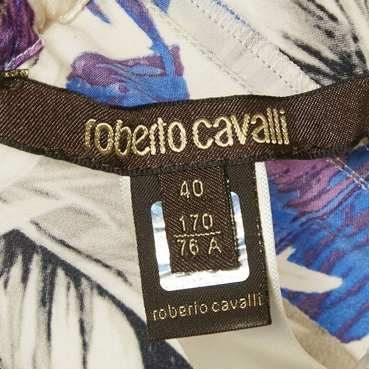 Pre Owned Roberto Cavalli Multicolor Feather Print Silk Satin Wide Leg Trousers S