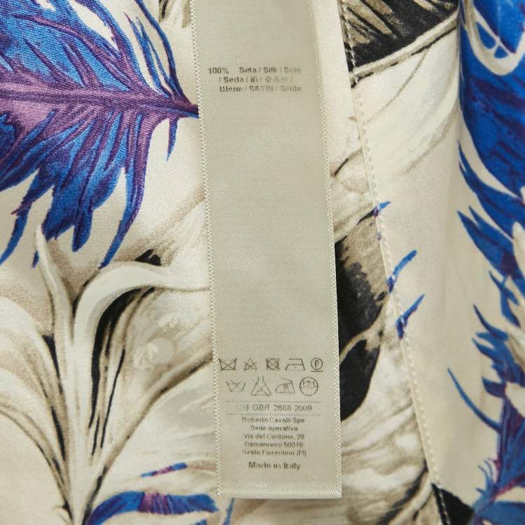 Pre Owned Roberto Cavalli Multicolor Feather Print Silk Satin Wide Leg Trousers S