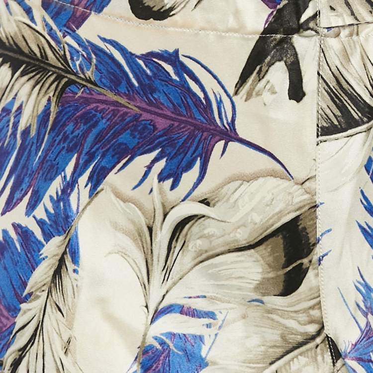 Pre Owned Roberto Cavalli Multicolor Feather Print Silk Satin Wide Leg Trousers S