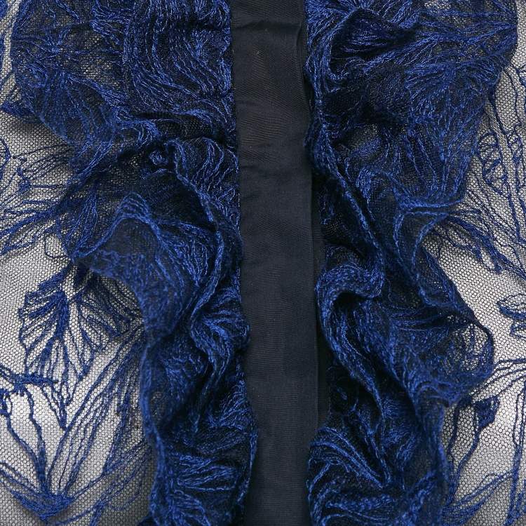مملوكة مسبقًا Roberto Cavalli Blue Embroidered Tulle Frilled Sheer Shirt S