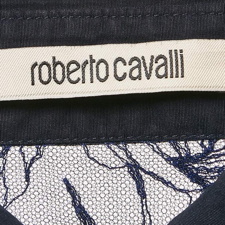 مملوكة مسبقًا Roberto Cavalli Blue Embroidered Tulle Frilled Sheer Shirt S