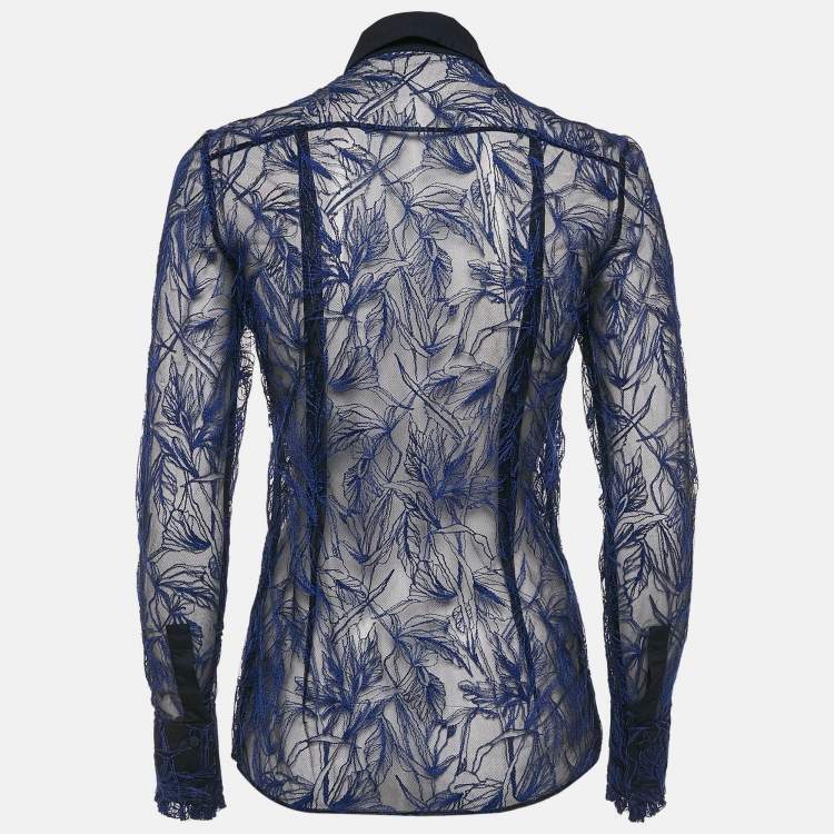 مملوكة مسبقًا Roberto Cavalli Blue Embroidered Tulle Frilled Sheer Shirt S