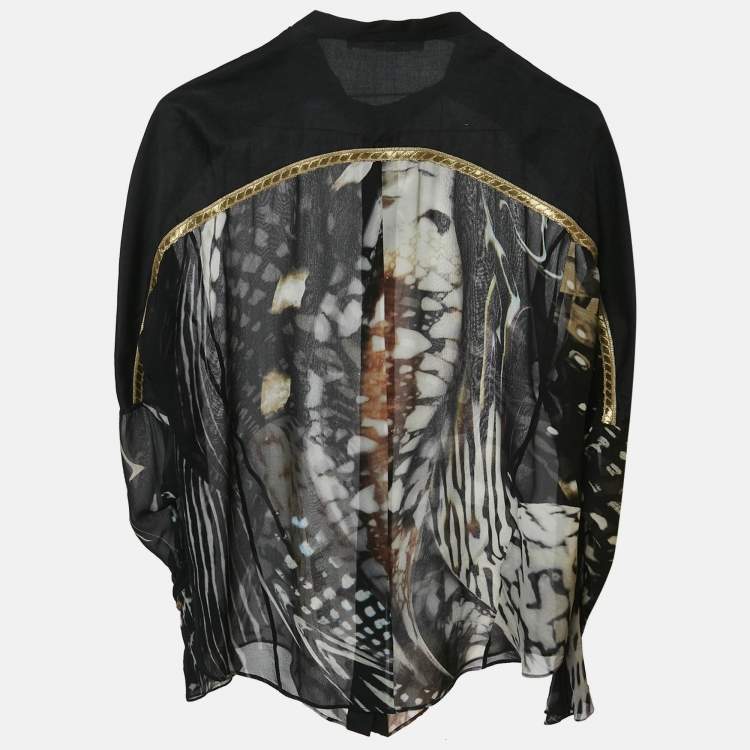 مملوكة مسبقًا Roberto Cavalli Black/Multicolor Sheer Silk Trimmed Button Front Blouse L