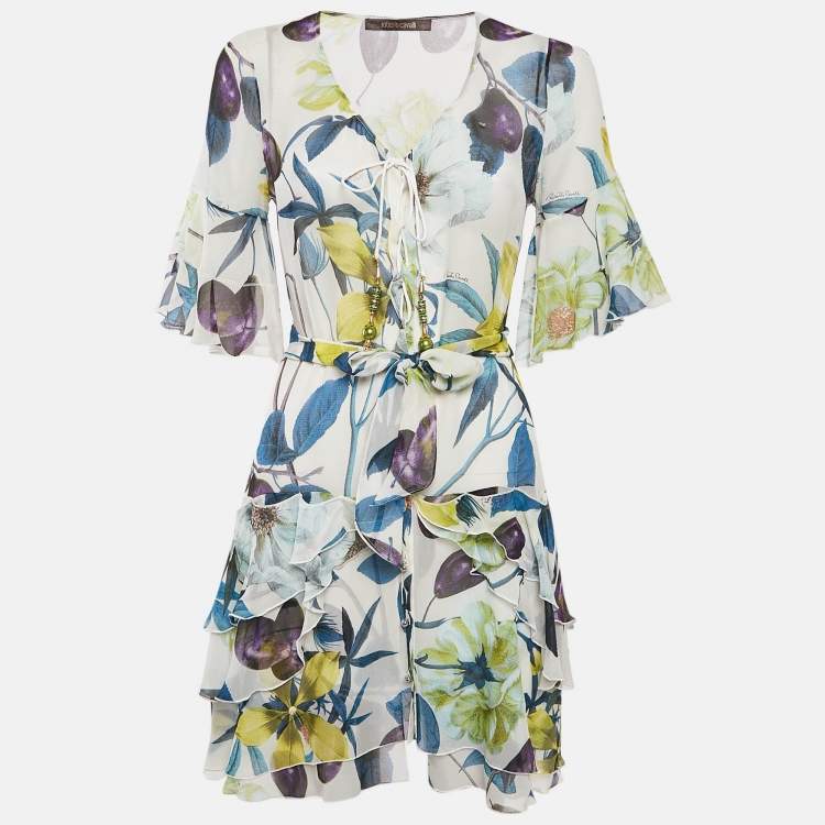 Pre Owned Roberto Cavalli Multicolor Floral Print Silk Ruffle Belted Dress S