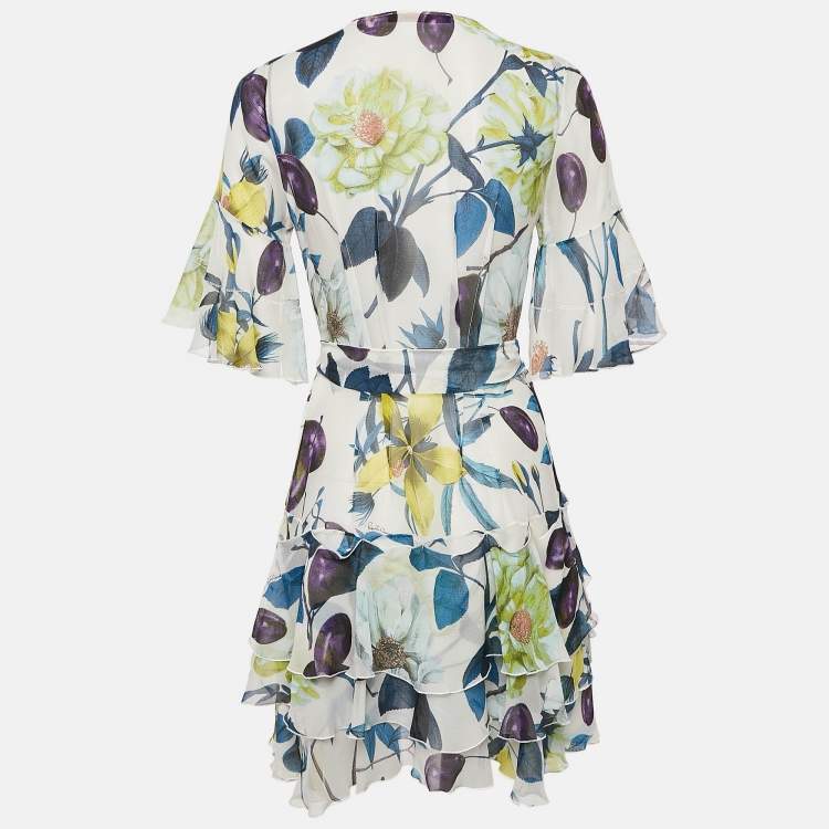 Pre Owned Roberto Cavalli Multicolor Floral Print Silk Ruffle Belted Dress S