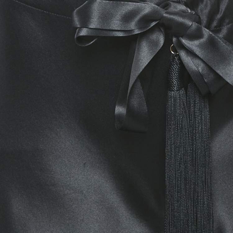 Pre Owned Roberto Cavalli Black Satin Silk Tassels Drawstring Flared Trousers S