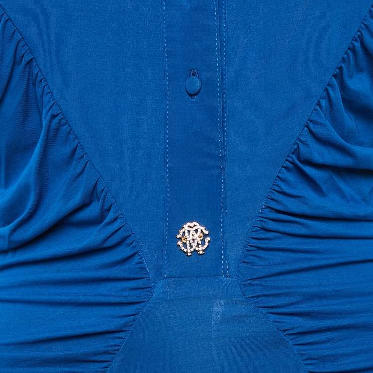 Pre Owned Roberto Cavalli Blue Jersey Ruched Midi Dress M