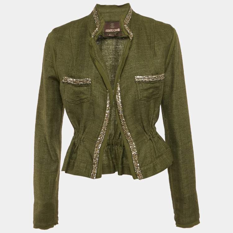 مملوكة مسبقًا Roberto Cavalli Green Canvas Embellished Jacket M