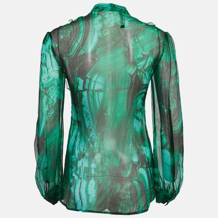 مملوكة مسبقًا Roberto Cavalli Green Abstract Print Chiffon Sheer Ruffled Shirt XS