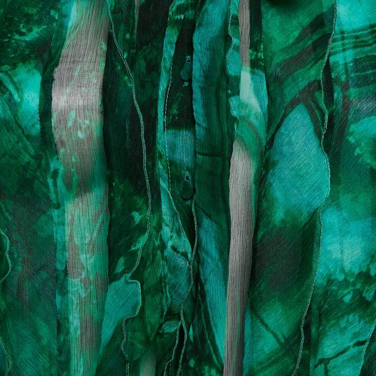 مملوكة مسبقًا Roberto Cavalli Green Abstract Print Chiffon Sheer Ruffled Shirt XS