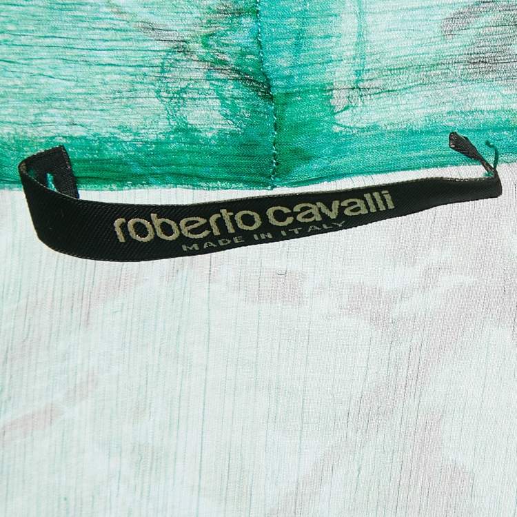 مملوكة مسبقًا Roberto Cavalli Green Abstract Print Chiffon Sheer Ruffled Shirt XS