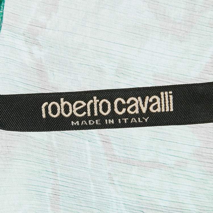 مملوكة مسبقًا Roberto Cavalli Green Abstract Print Chiffon Sheer Ruffled Shirt XS