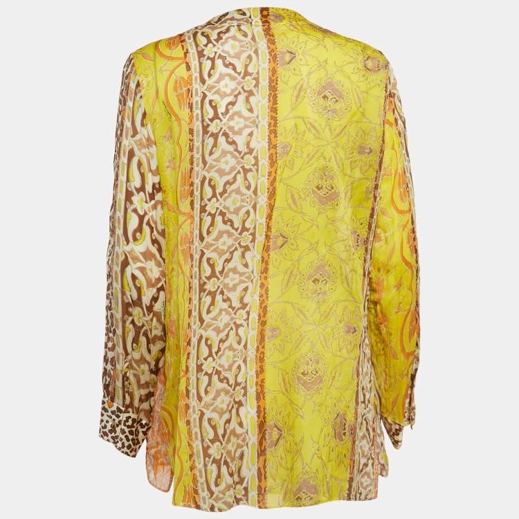 Pre Owned Roberto Cavalli Yellow Printed Silk Lace Up Blouse L