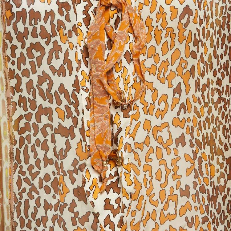 Pre Owned Roberto Cavalli Yellow Printed Silk Lace Up Blouse L