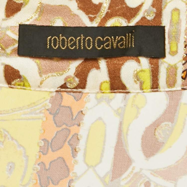 Pre Owned Roberto Cavalli Yellow Printed Silk Lace Up Blouse L
