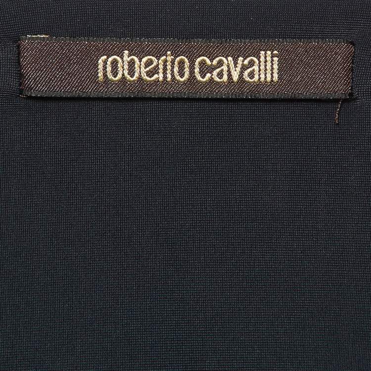 Pre Owned Roberto Cavalli Black Printed Jersey Plunge Neck Top M
