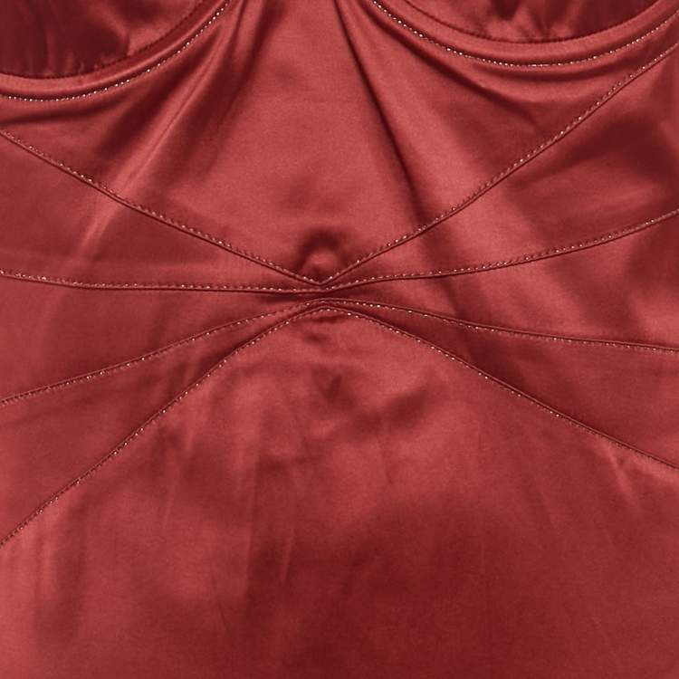 Pre Owned Roberto Cavalli Red Stretch Satin Flounce Midi Dress M