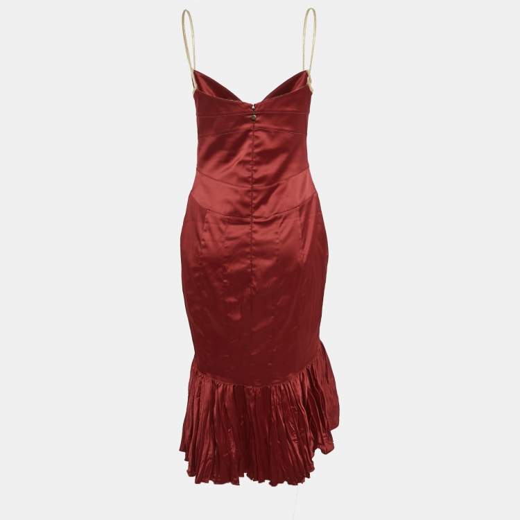 Pre Owned Roberto Cavalli Red Stretch Satin Flounce Midi Dress M