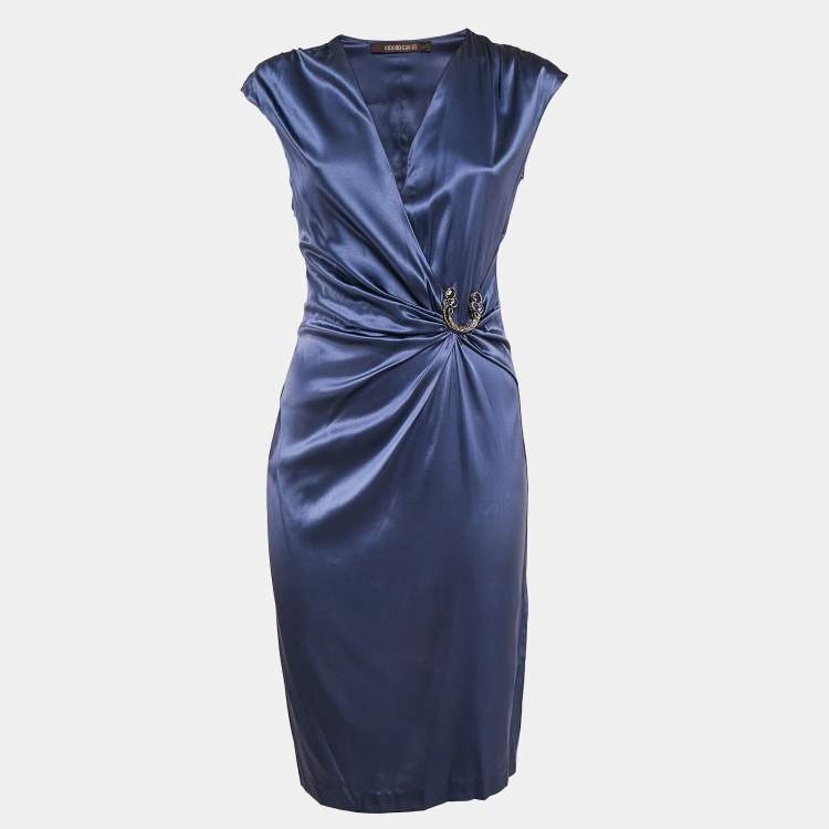 Pre Owned Roberto Cavalli Blue Satin Silk Sleeveless Midi Dress M