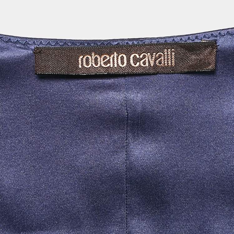 Pre Owned Roberto Cavalli Blue Satin Silk Sleeveless Midi Dress M