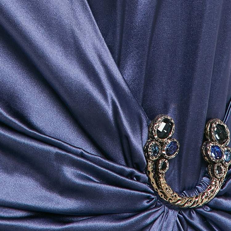Pre Owned Roberto Cavalli Blue Satin Silk Sleeveless Midi Dress M