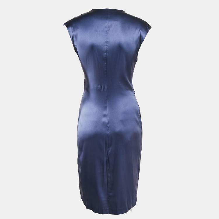 Pre Owned Roberto Cavalli Blue Satin Silk Sleeveless Midi Dress M