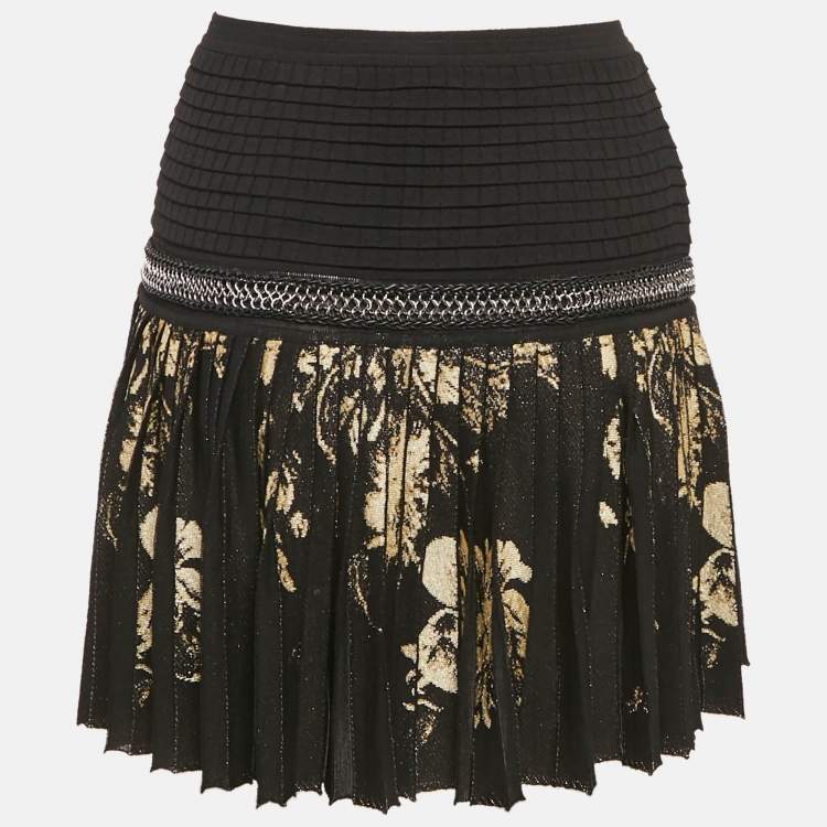 Pre Owned Roberto Cavalli Black/Gold Knit Pleated Mini Skirt M