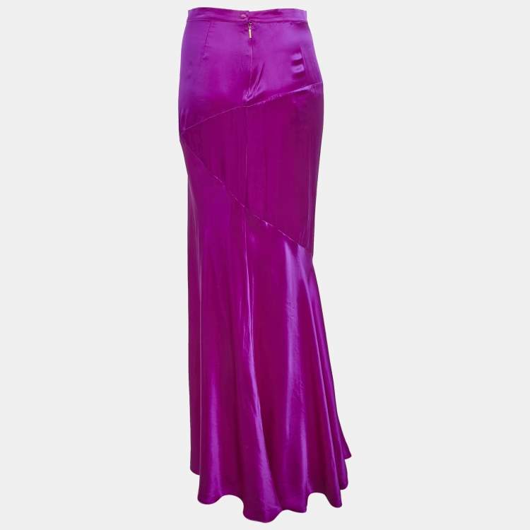 Pre Owned Roberto Cavalli Fuschia Pink Satin Silk Flared Maxi Skirt M