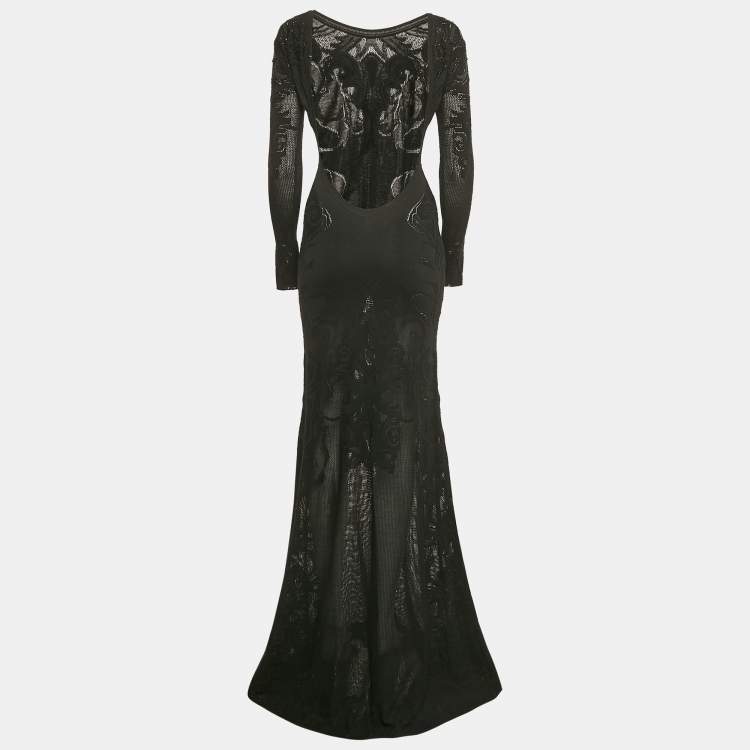 Pre Owned Roberto Cavalli Black Embellished Leather Trim Knit Backless Maxi Dress S