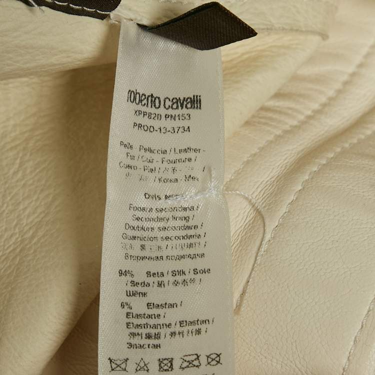 Pre Owned Roberto Cavalli White Textured Leather Zip-Up Biker Jacket L