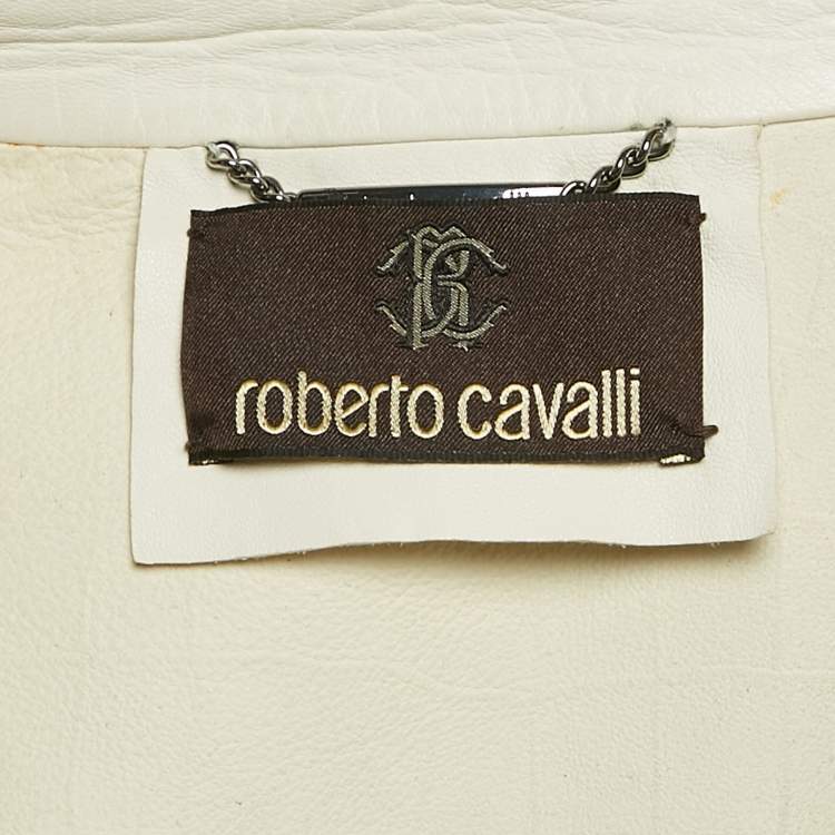 Pre Owned Roberto Cavalli White Textured Leather Zip-Up Biker Jacket L