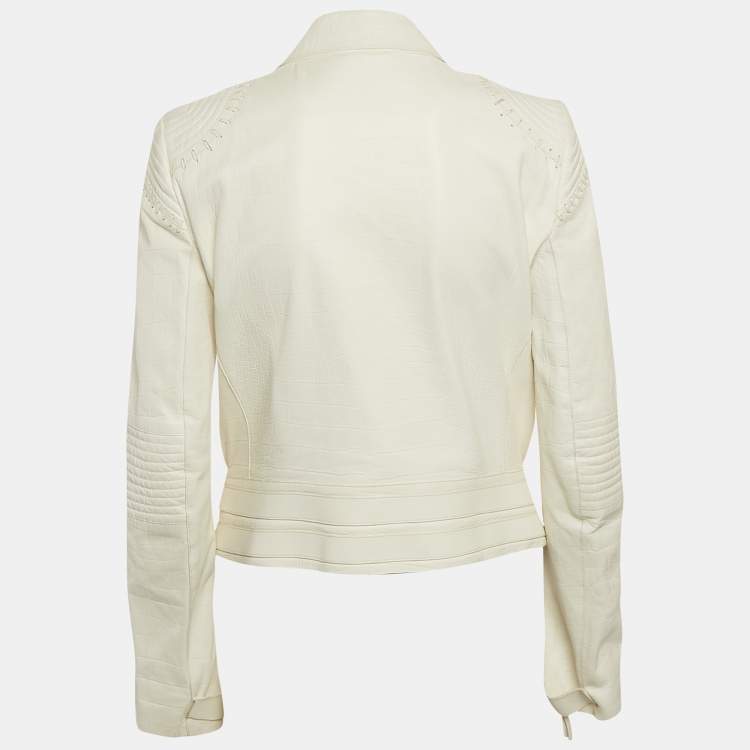 Pre Owned Roberto Cavalli White Textured Leather Zip-Up Biker Jacket L