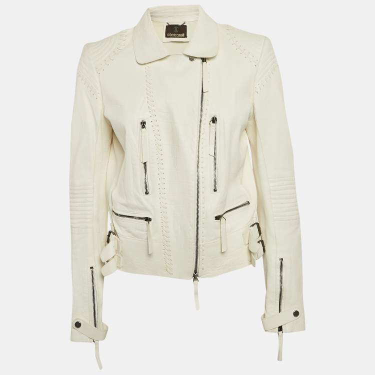 Pre Owned Roberto Cavalli White Textured Leather Zip-Up Biker Jacket L