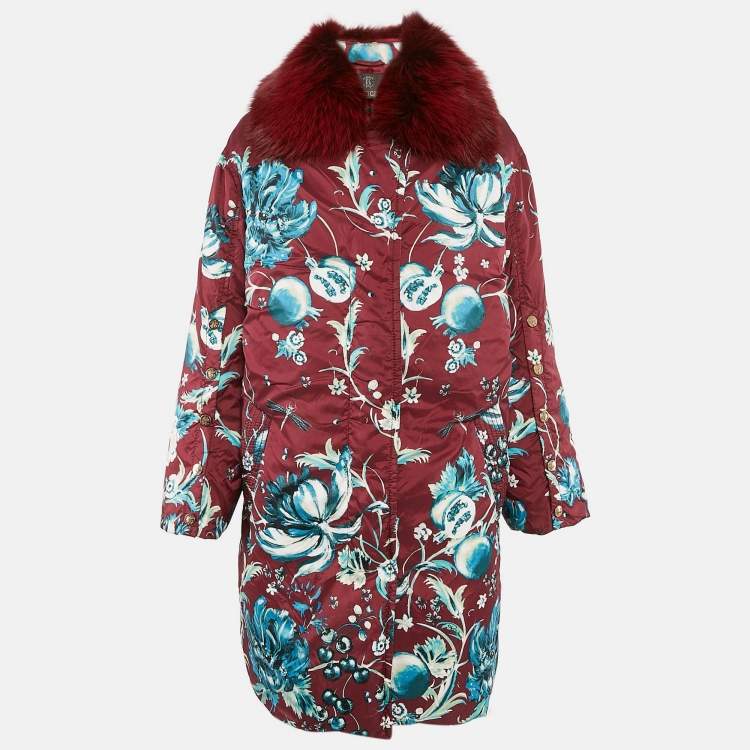 Pre Owned Roberto Cavalli Red Floral Print Nylon and Real Fur Trim Down Coat M