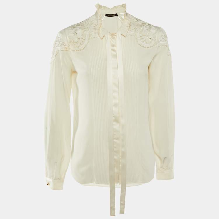 مملوكة مسبقًا Roberto Cavalli Cream Silk Embroidered Button Front Shirt S