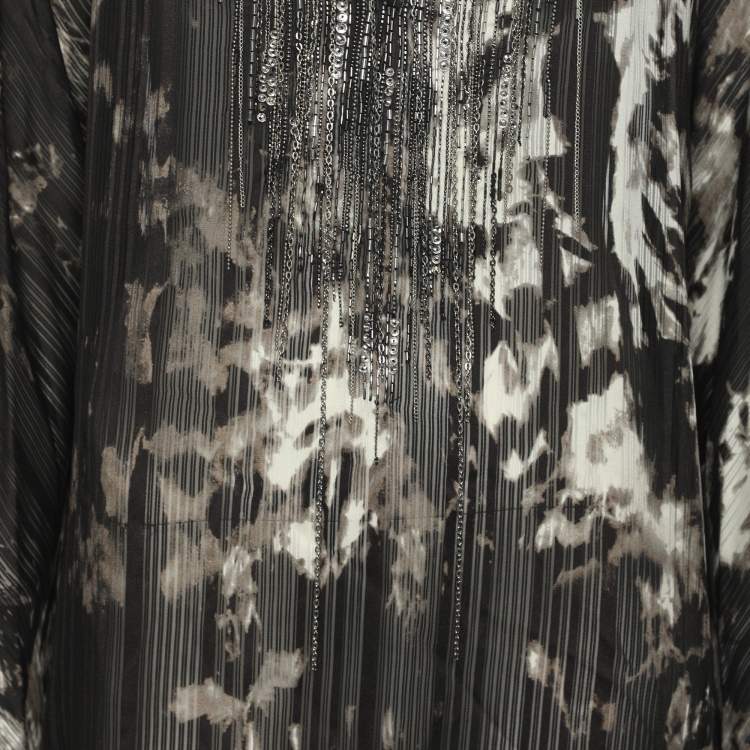 Pre Owned Roberto Cavalli Black/White Printed Silk Embellished Kaftan XL