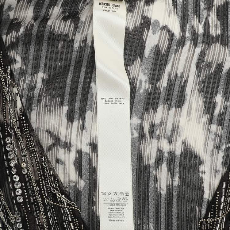 Pre Owned Roberto Cavalli Black/White Printed Silk Embellished Kaftan XL