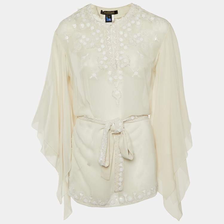 Pre Owned Roberto Cavalli White Sequin Embellished Silk Belted Blouse M