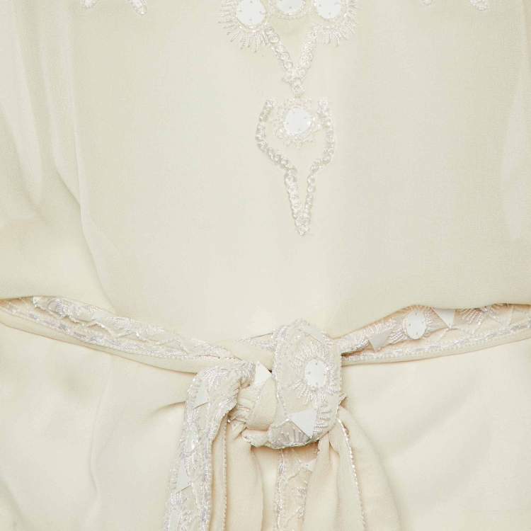 Pre Owned Roberto Cavalli White Sequin Embellished Silk Belted Blouse M