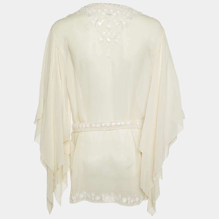 Pre Owned Roberto Cavalli White Sequin Embellished Silk Belted Blouse M