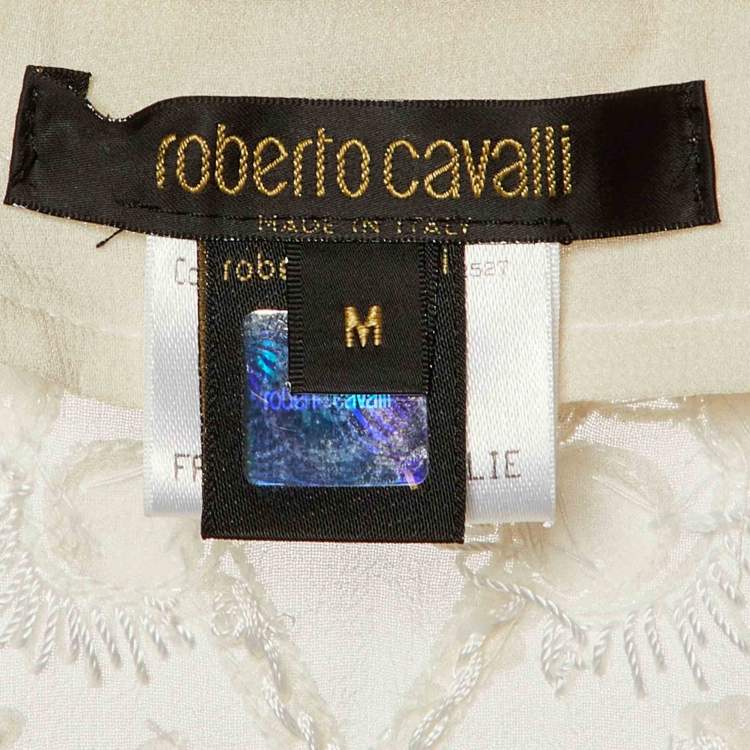 Pre Owned Roberto Cavalli White Sequin Embellished Silk Belted Blouse M