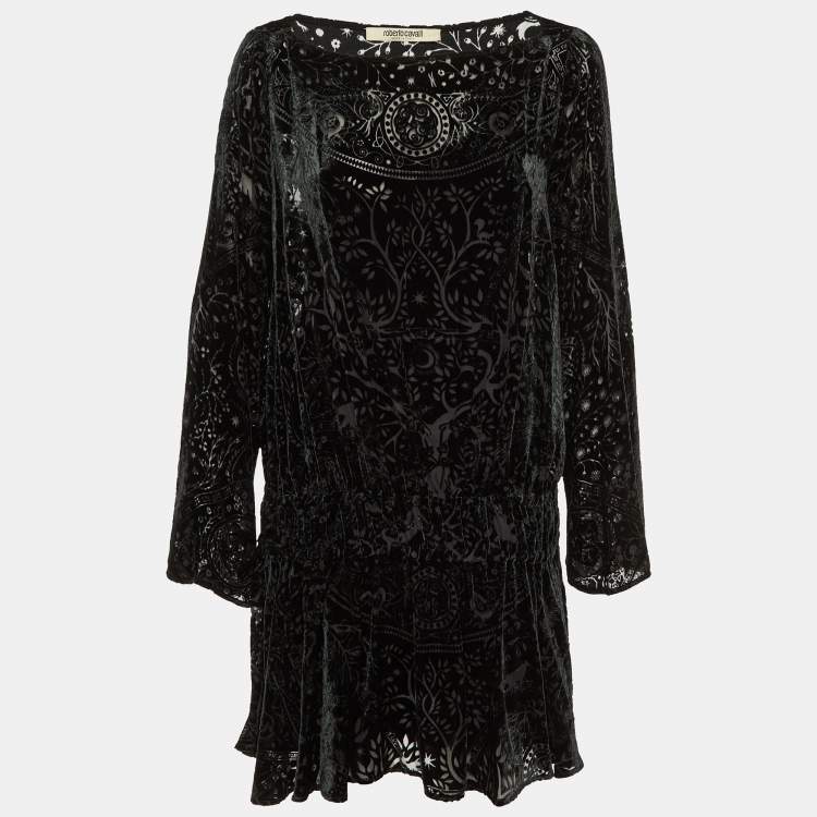 Pre Owned Roberto Cavalli Black Devore Elasticated Waist Detail Mini Dress M
