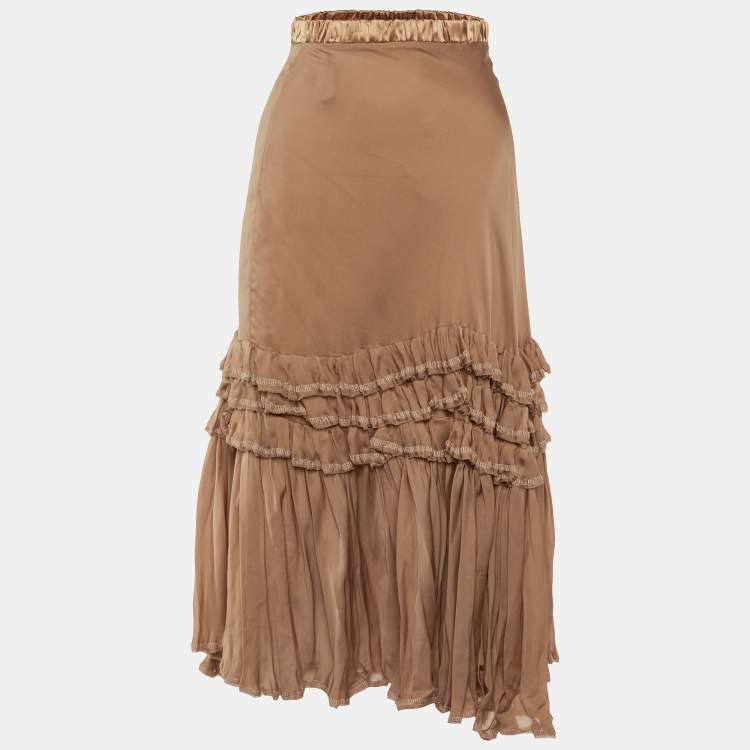 Pre Owned Roberto Cavalli Beige Silk Ruffled Layered Midi Skirt XS