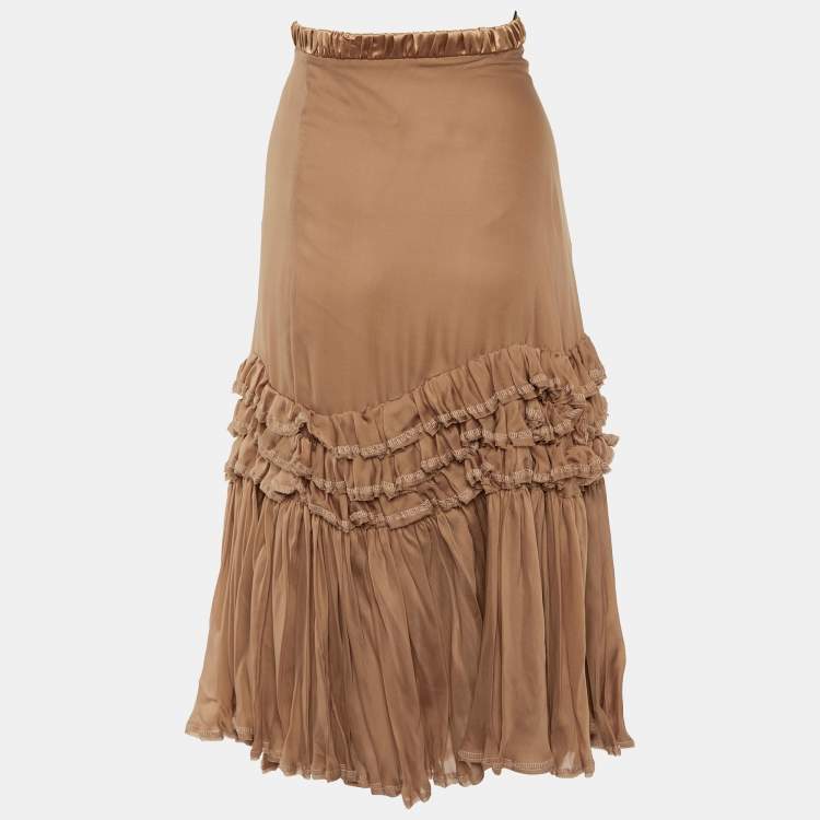 Pre Owned Roberto Cavalli Beige Silk Ruffled Layered Midi Skirt XS