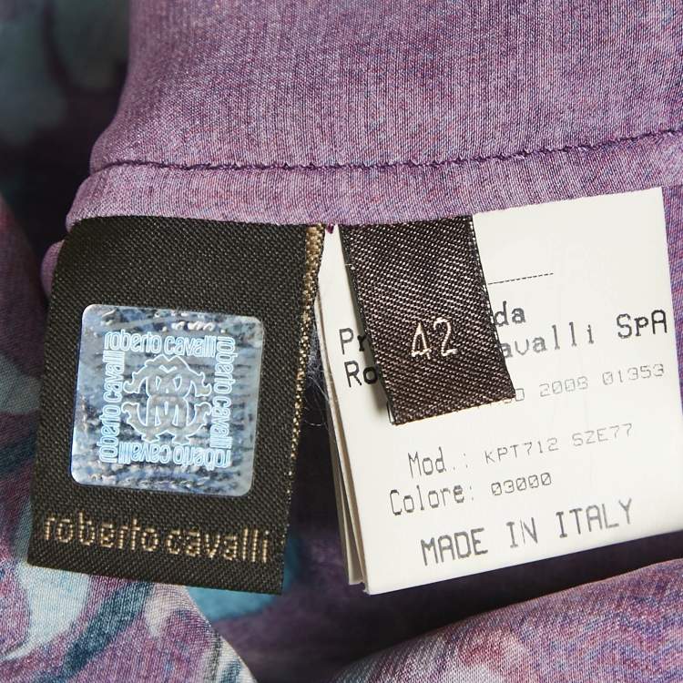 Pre Owned Roberto Cavalli Purple Floral Print Silk Ruffled Top M